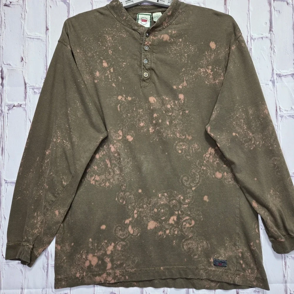 Vintage Levis Strauss Mens Brown Bleach Wash Henley Long Sleeve Shirt Large L